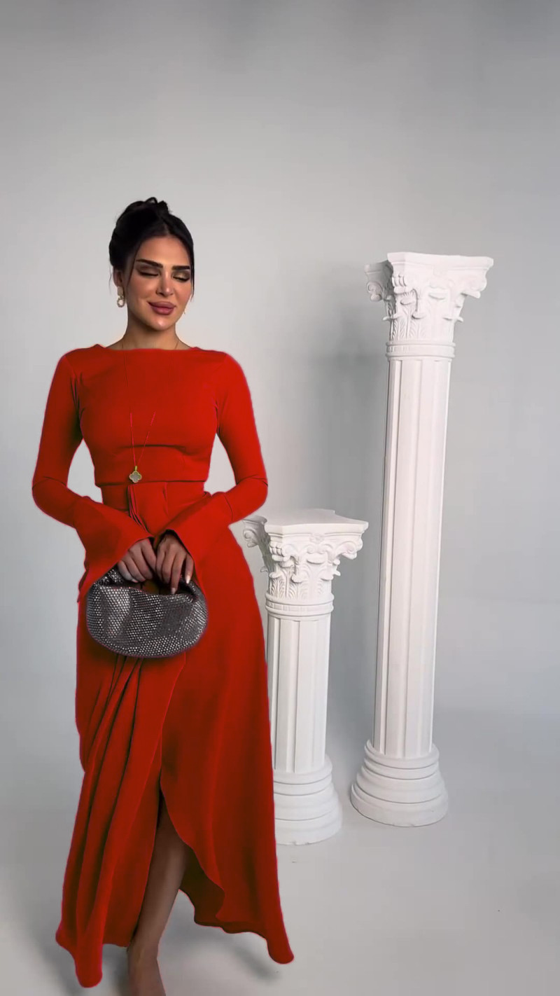 Casual Solid Prom Dress Elegant O Neck High Waist Pleated Commuter Dress New Autumn Fashion Flared Sleeve Split - detail 7