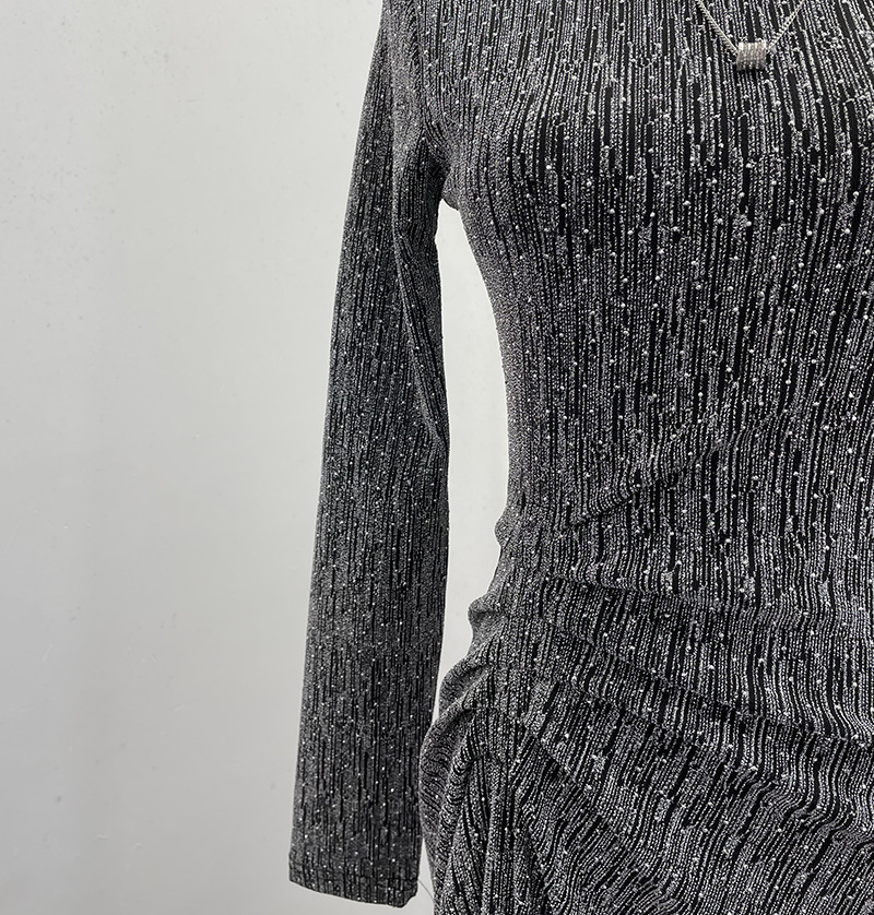 Glam Sequin Slit Maxi Dress – Sexy Pleated Waist, Shoulder Pads & Elegant High Collar - detail 4