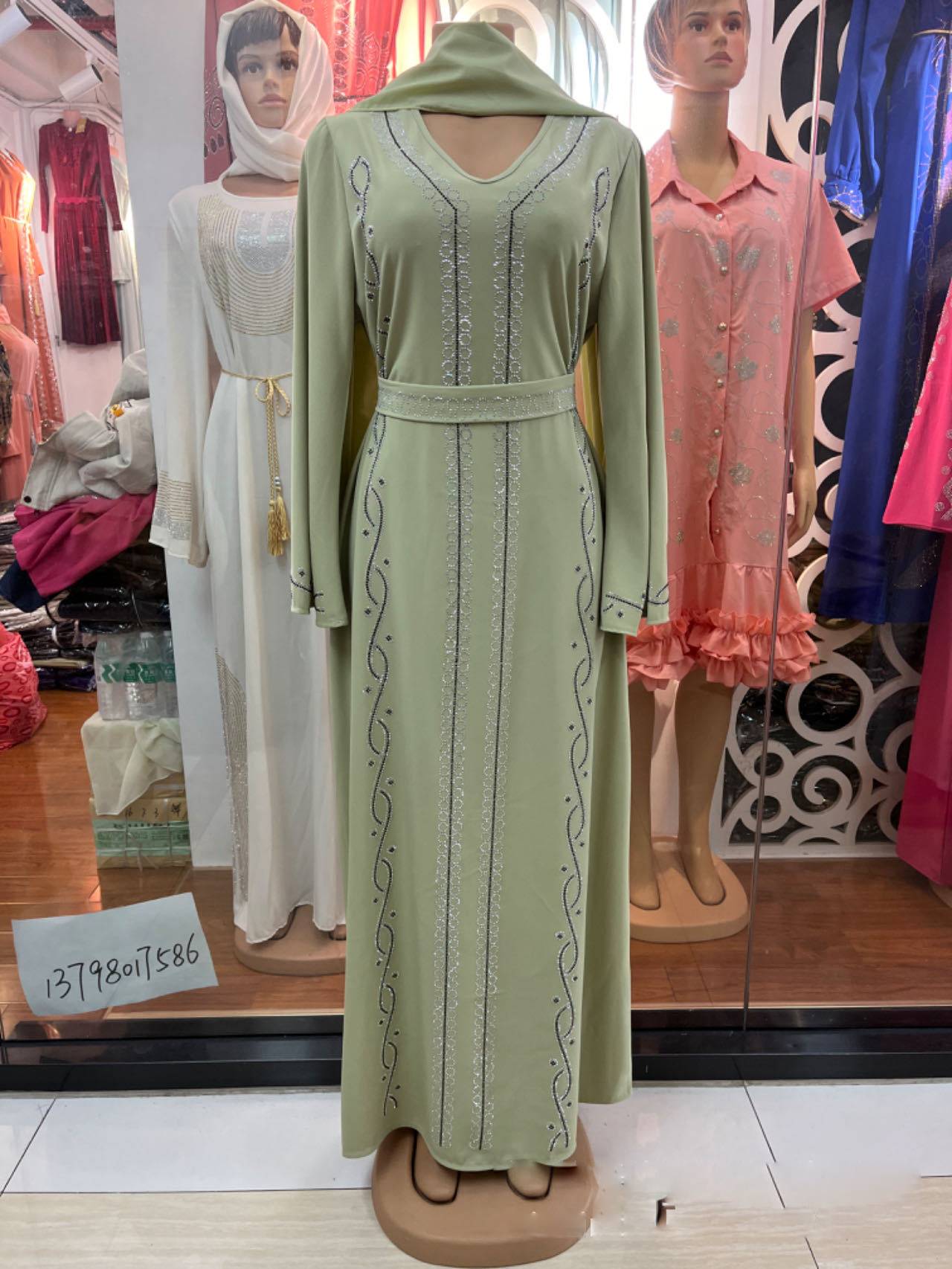 Dubai Muslim robe dress large size satin fashion hot diamond summer round neck pullover long skirt - detail 3