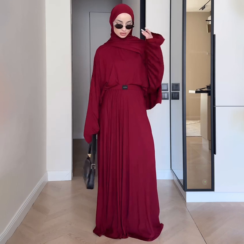 Muslim women's clothing new solid color long-sleeved top pleated long skirt suit - detail 11