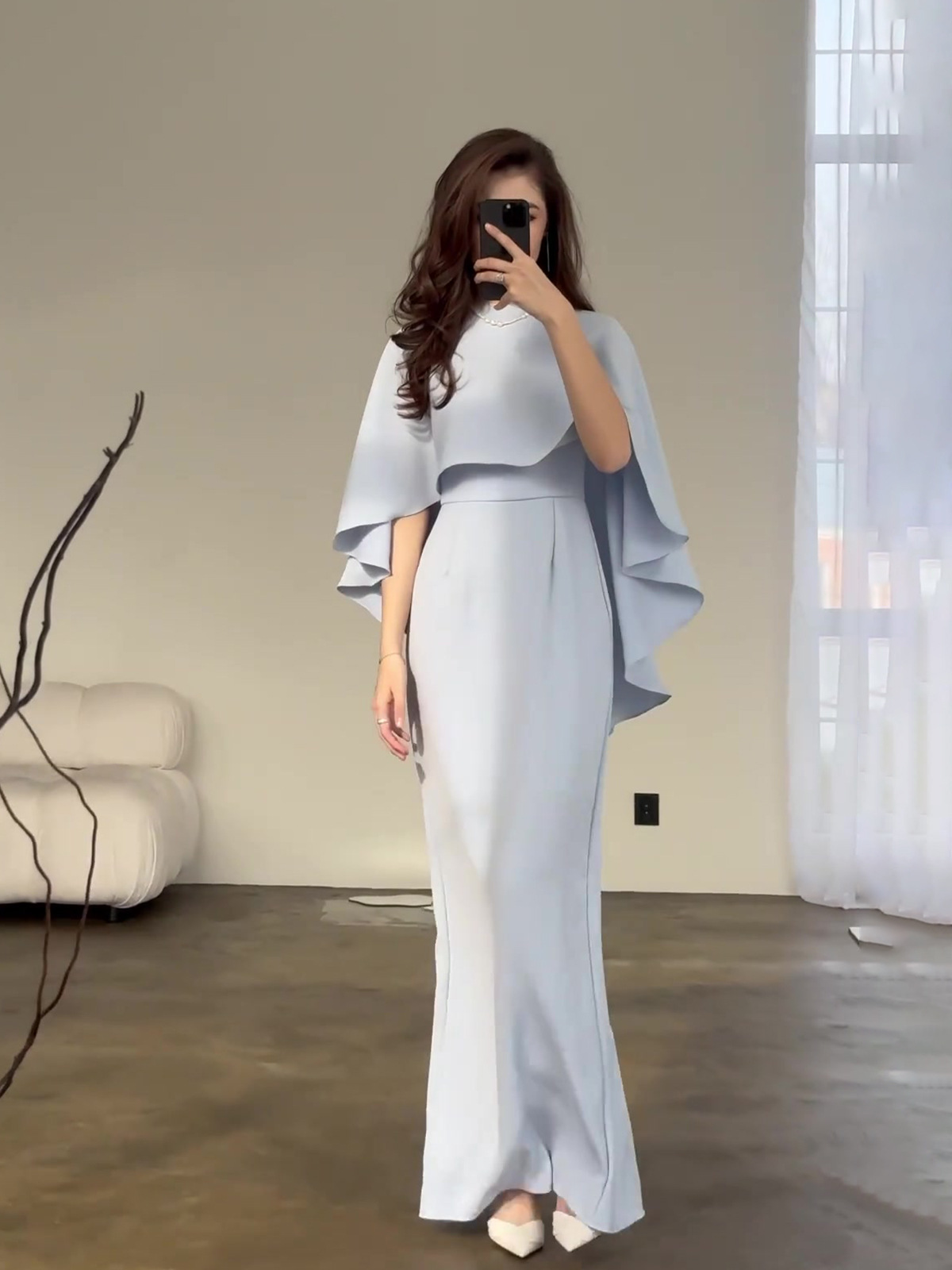 Dress Women Long Dresses Solid Color Slim Fit Tight Waist Round Collar Shawl Splice Elegant Female Vestidos - detail 4