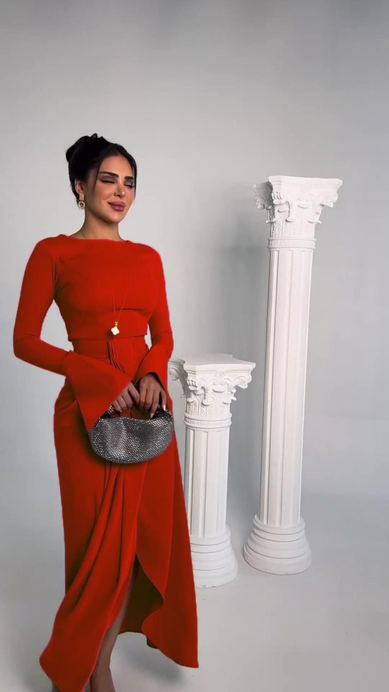 Casual Solid Prom Dress Elegant O Neck High Waist Pleated Commuter Dress New Autumn Fashion Flared Sleeve Split - detail 9