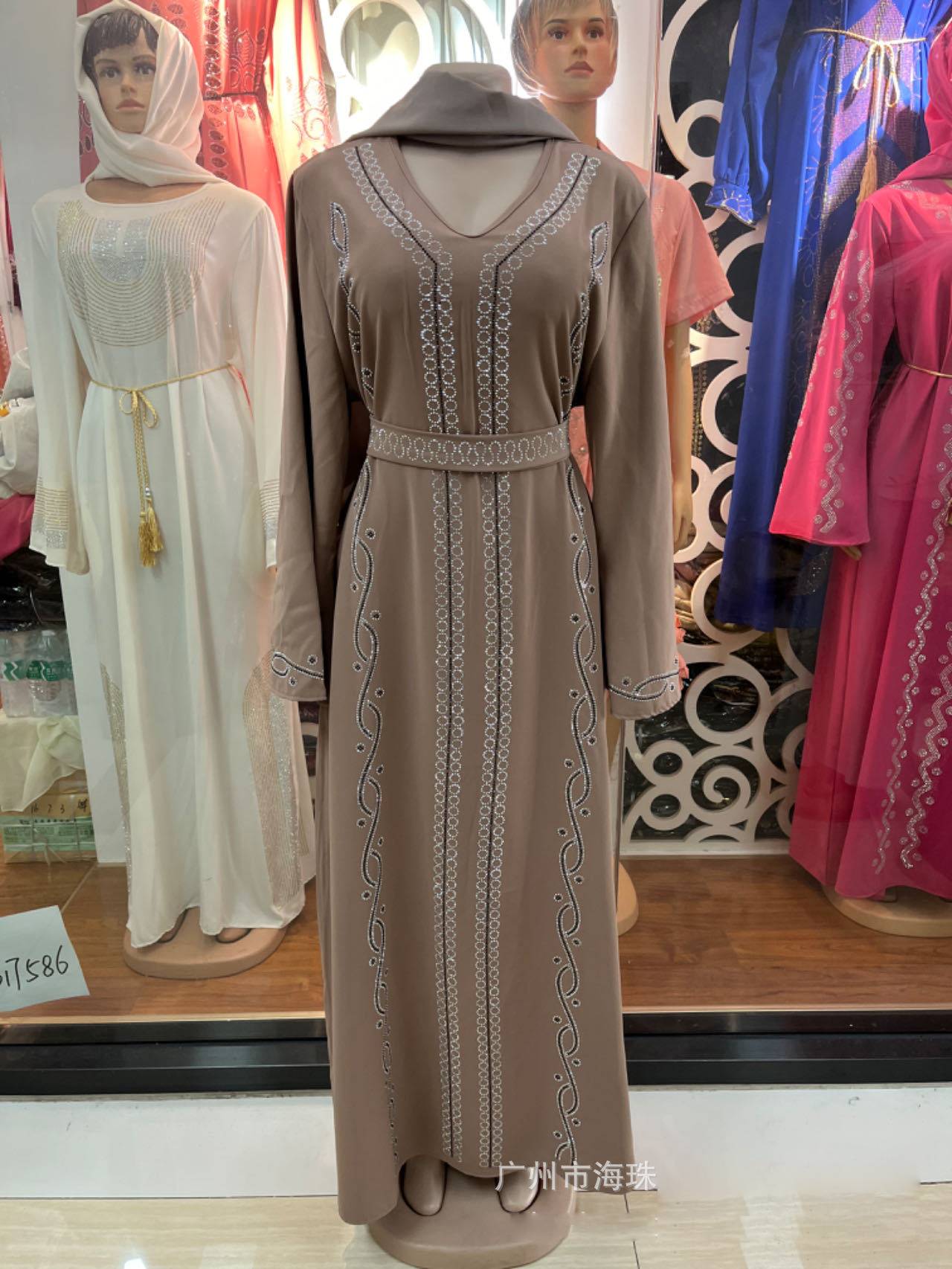 Dubai Muslim robe dress large size satin fashion hot diamond summer round neck pullover long skirt - detail 4