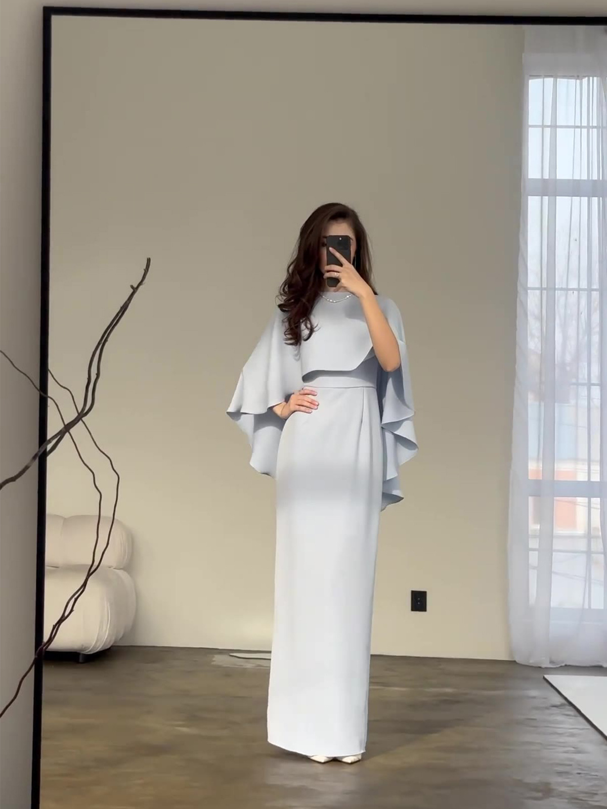 Dress Women Long Dresses Solid Color Slim Fit Tight Waist Round Collar Shawl Splice Elegant Female Vestidos - detail 2