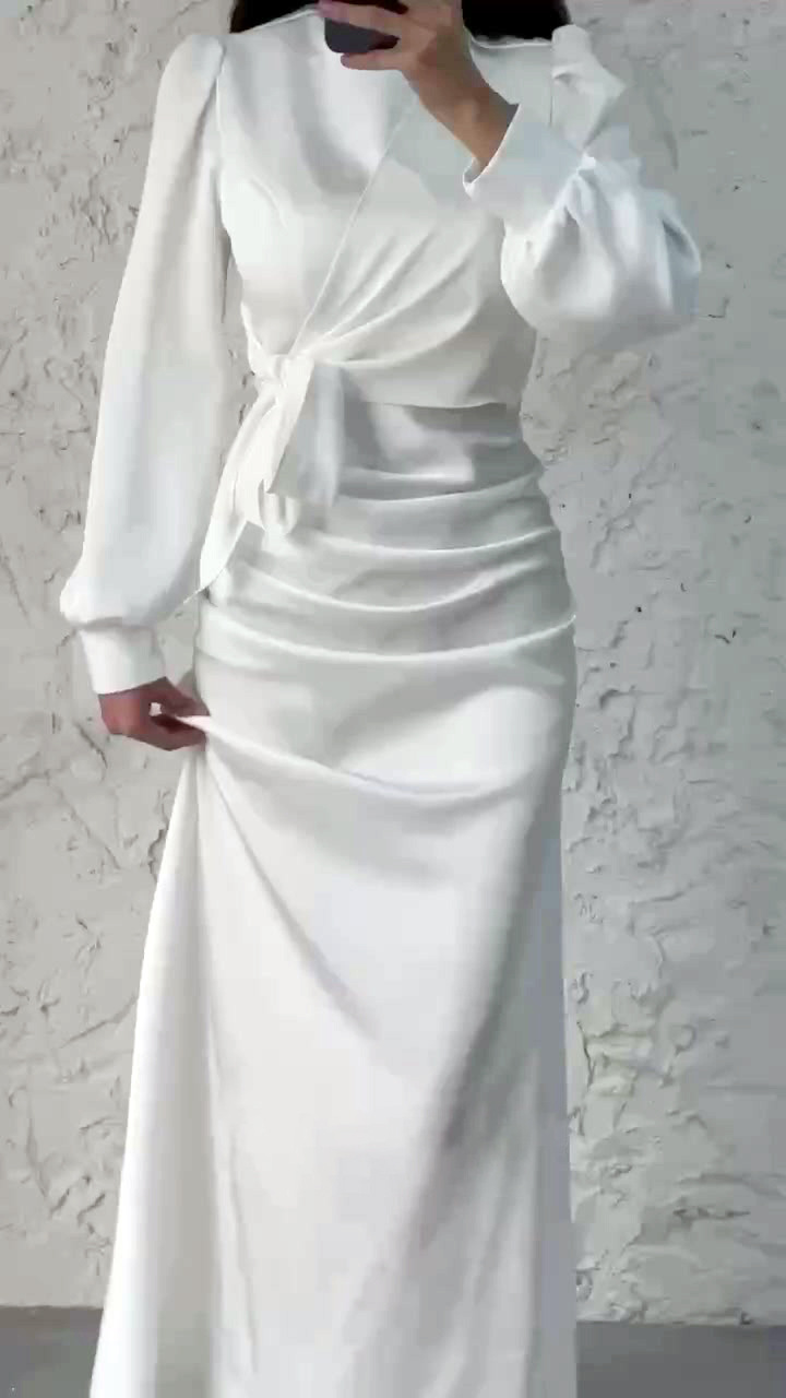 Dress Women Autumn Fashion Solid Color Satin Dress Women High Neck Long Sleeve High Waist Tie Up Elegant Slim Maxi Dress - detail 10