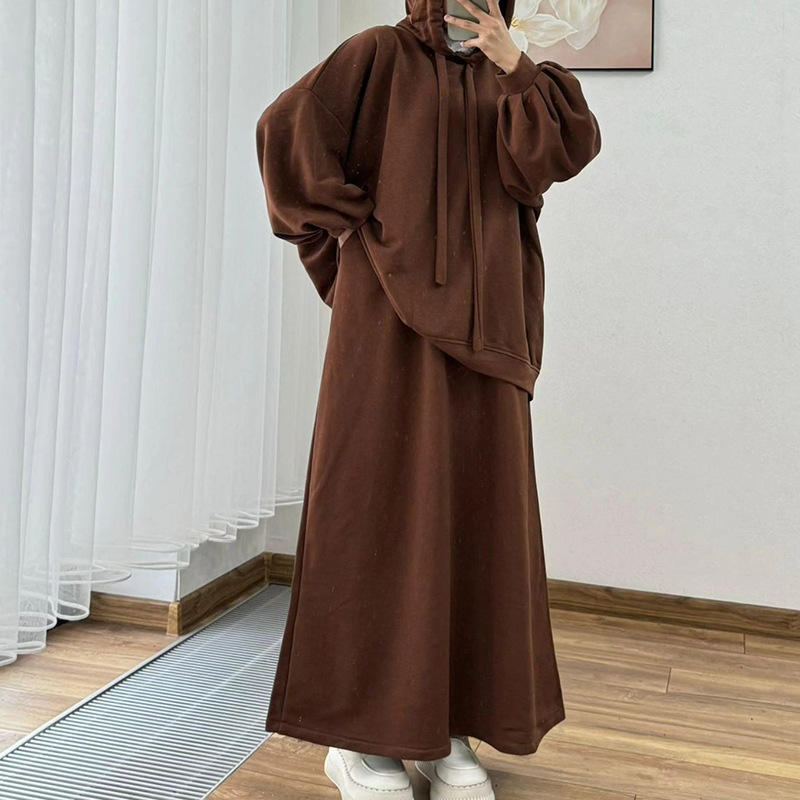 Arab Women's Set Two Pieces Suit Long Sleeve Hooded Tops Loose High Waist Skirt with Pocket Dubai Casual Clothing - detail 6