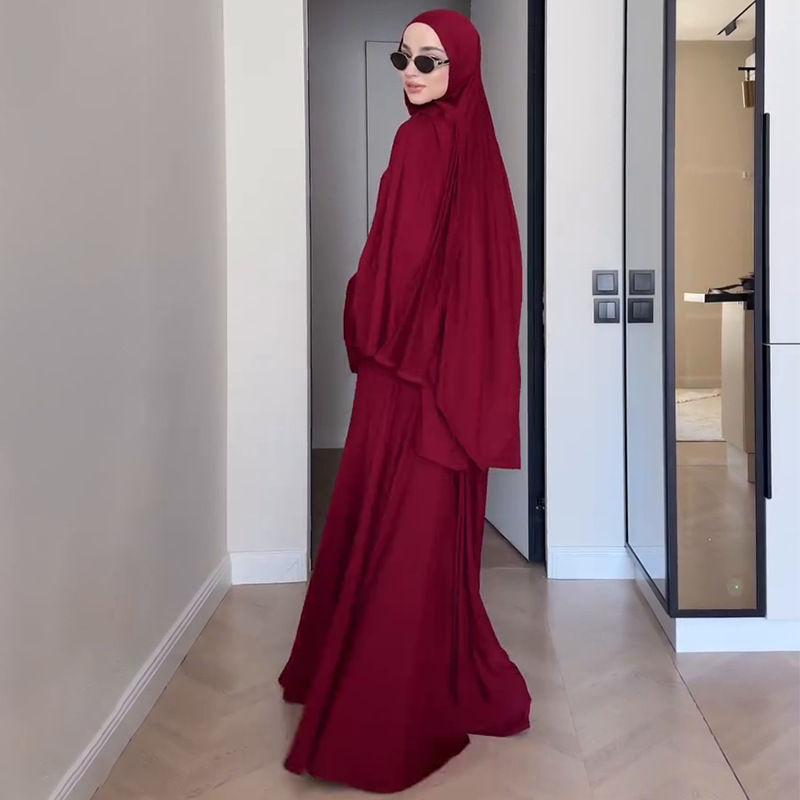 Muslim women's clothing new solid color long-sleeved top pleated long skirt suit - detail 12