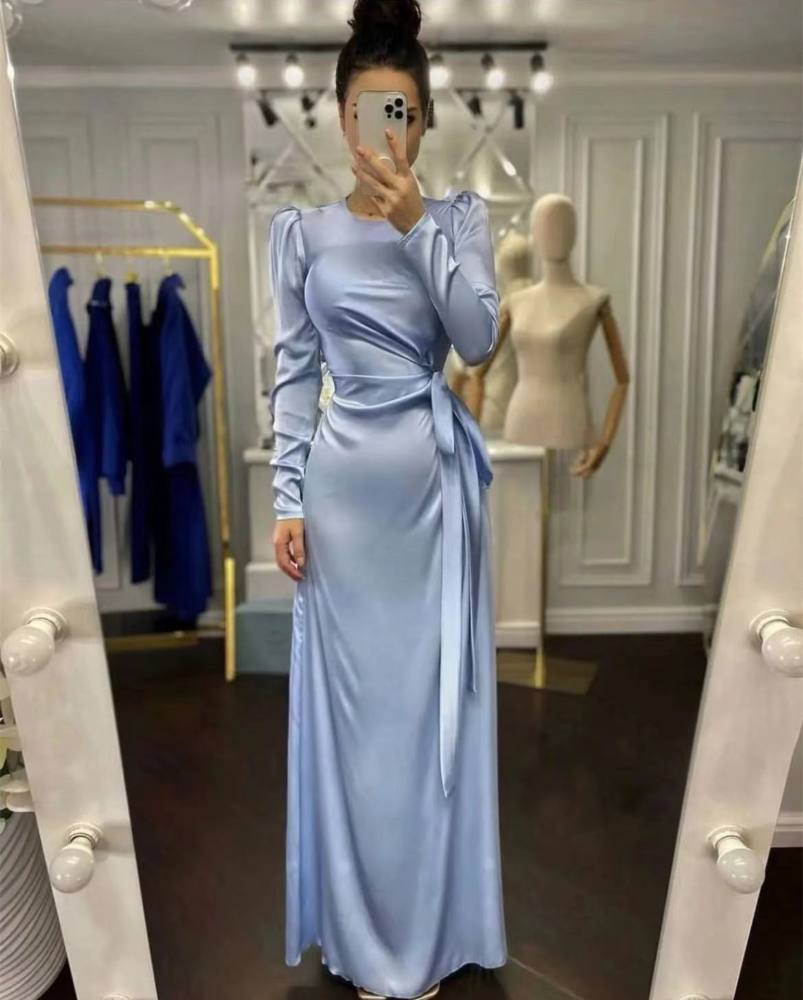 Women Sexy High Slit Satin Party Dress Office Fashion Boadycon Long Dresses Elegant O Neck Long Sleeve Solid Maxi Dress - detail 5