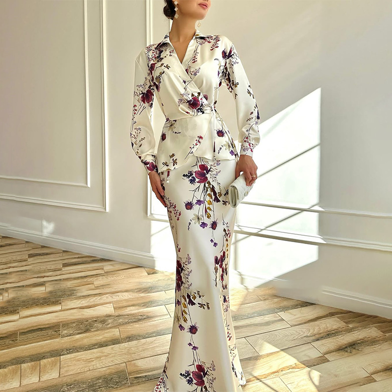 2 Piece Sets Elegant Muslimah Women V-neck Long Sleeved Top and Skirt Fashion Floral Print Slim Fit Suit Party Outfits - detail 7