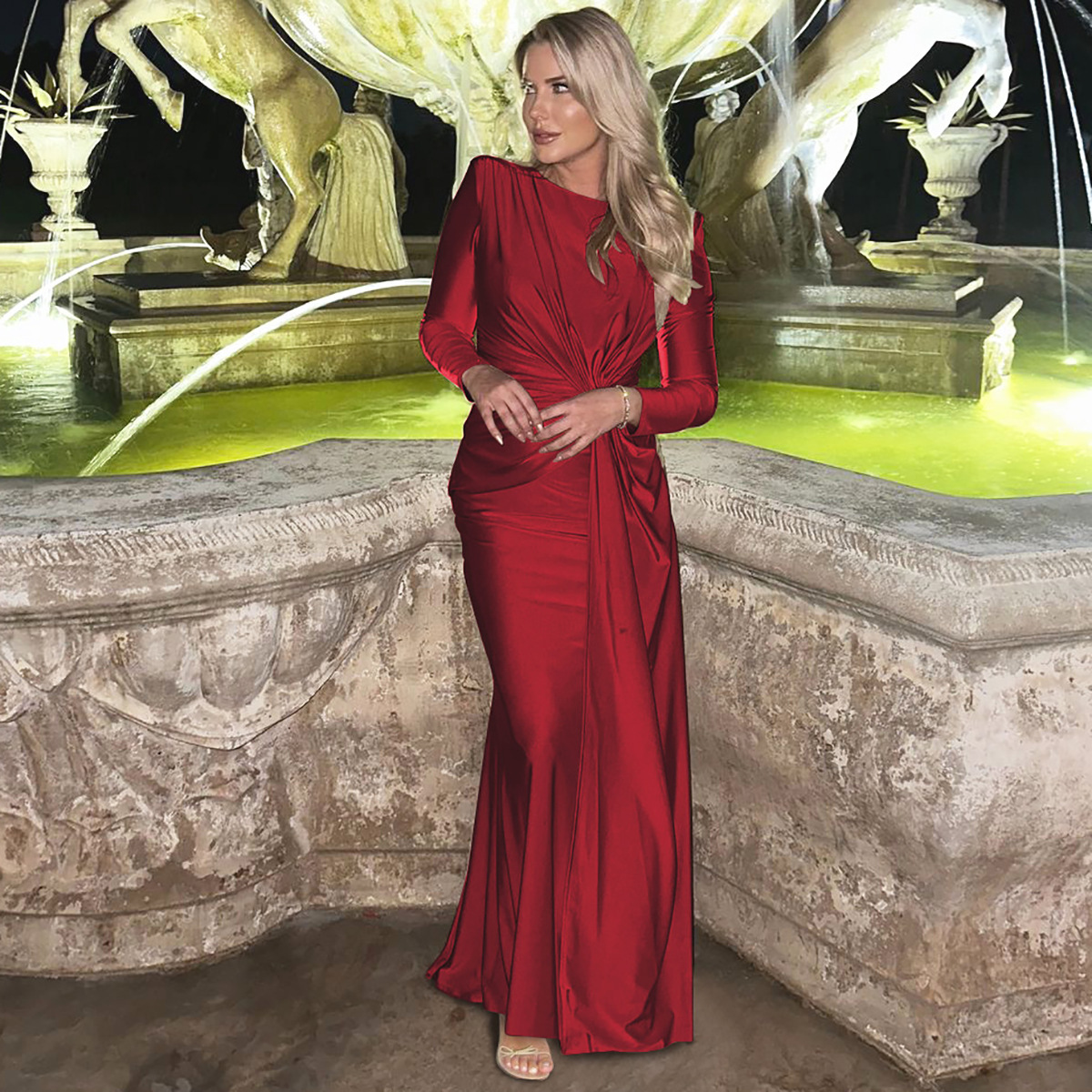 Long Sleeves Shoulder Pad Ruched Maxi Dress Solid Elegant Prom Evening Party Long Dress Women’S Outfit - detail 11