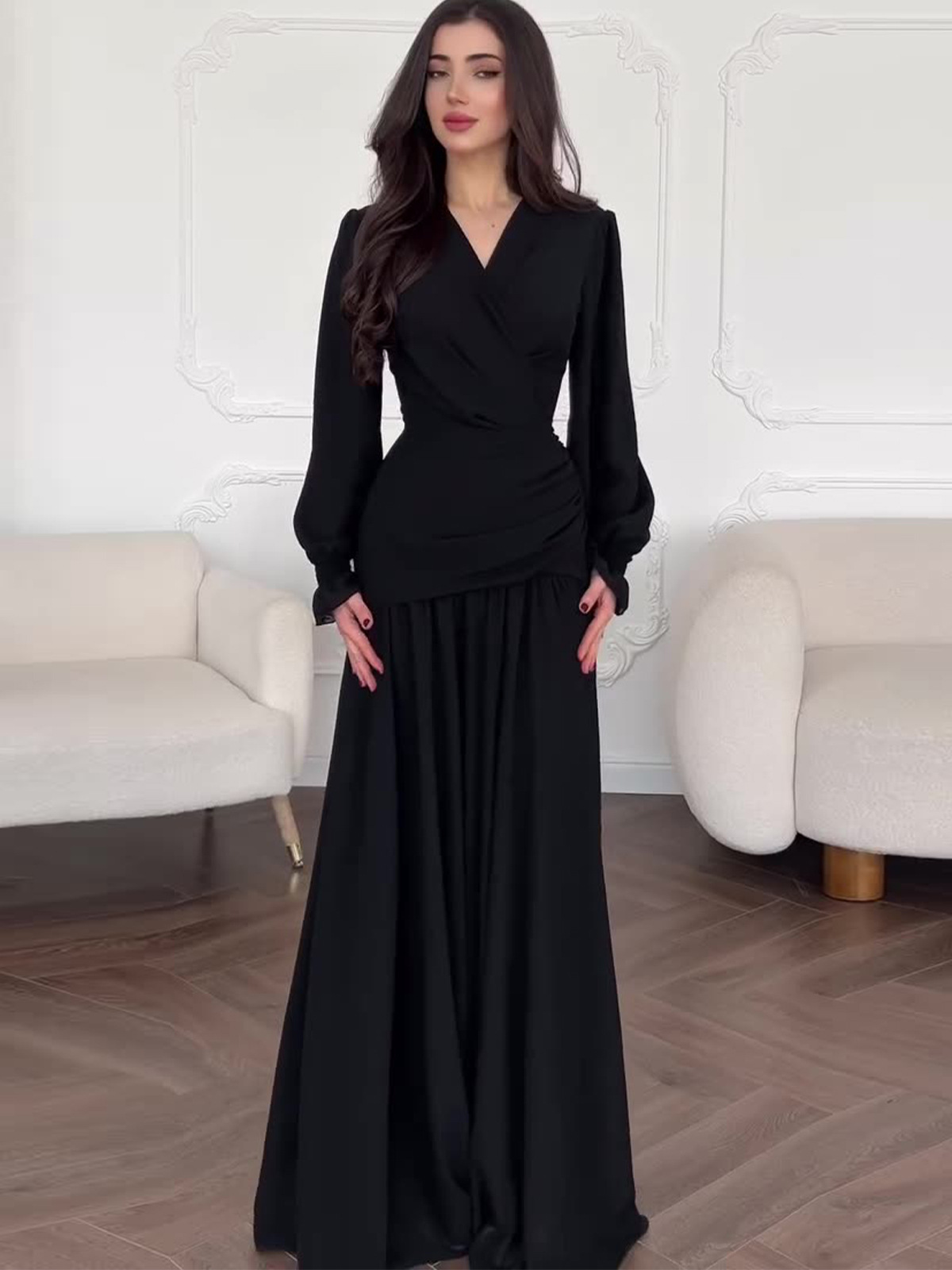 Black Chiffon Women's Dress Empire Waist Ankle-Length Square Collar Puffy Sleeve New Design - detail 2