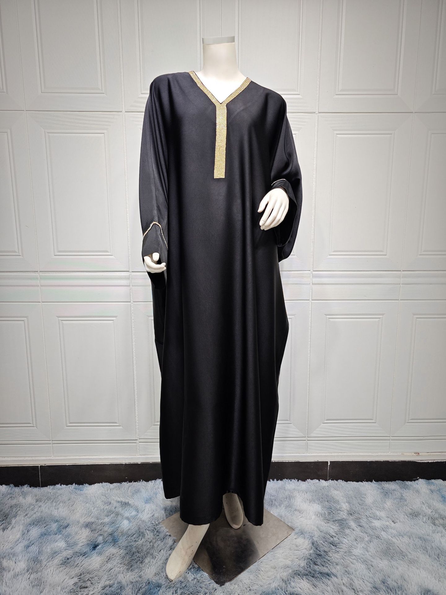 Muslim Long Dress Women Bat Sleeve Caftan Abaya Satin Robe Diamond Party Abayas Ramadan V Neck Kaftan Caftan Jalabiya - detail 7