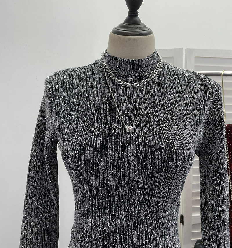 Glam Sequin Slit Maxi Dress – Sexy Pleated Waist, Shoulder Pads & Elegant High Collar - detail 2