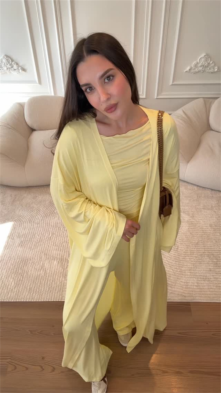 High Waist Wide Leg Pants Solid Color Long Sleeve Floor-Length Robe Round Neck Ladies' 3-Piece Set - detail 7