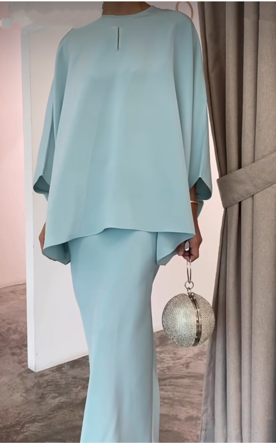 Elegant 2pcs Dress Women Muslim Abaya 2 Piece Sets Bat Sleeve Skirts Suits Pearl Dresses Vestido Eid Hijab Islam Clothin - detail 5