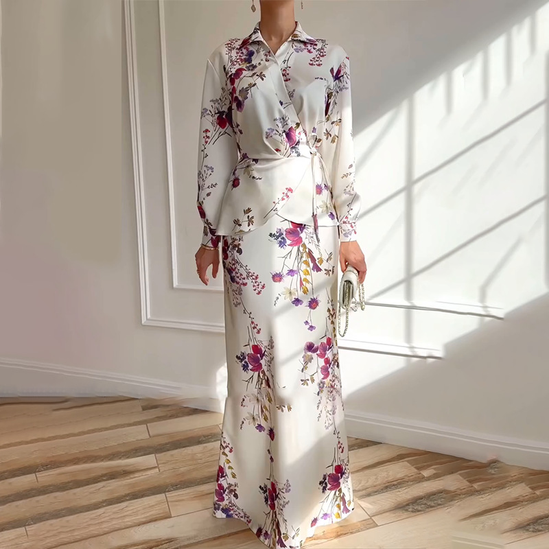 2 Piece Sets Elegant Muslimah Women V-neck Long Sleeved Top and Skirt Fashion Floral Print Slim Fit Suit Party Outfits - detail 1