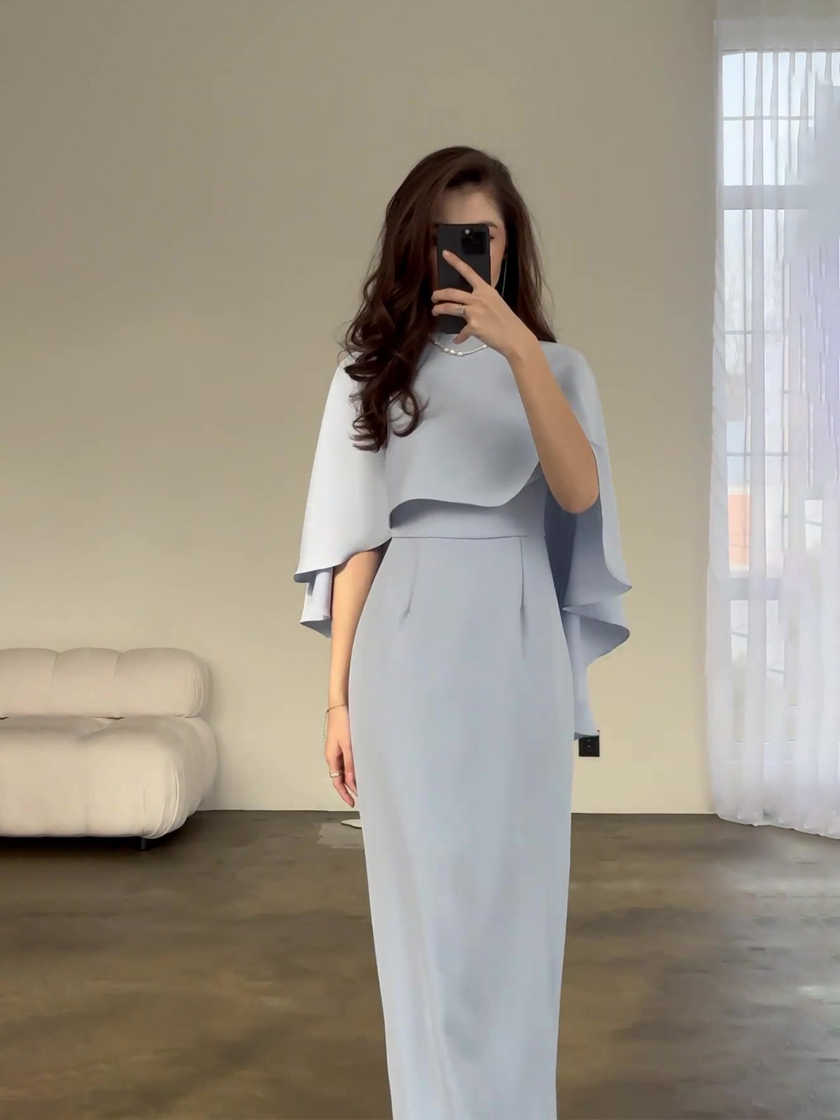 Dress Women Long Dresses Solid Color Slim Fit Tight Waist Round Collar Shawl Splice Elegant Female Vestidos - detail 3