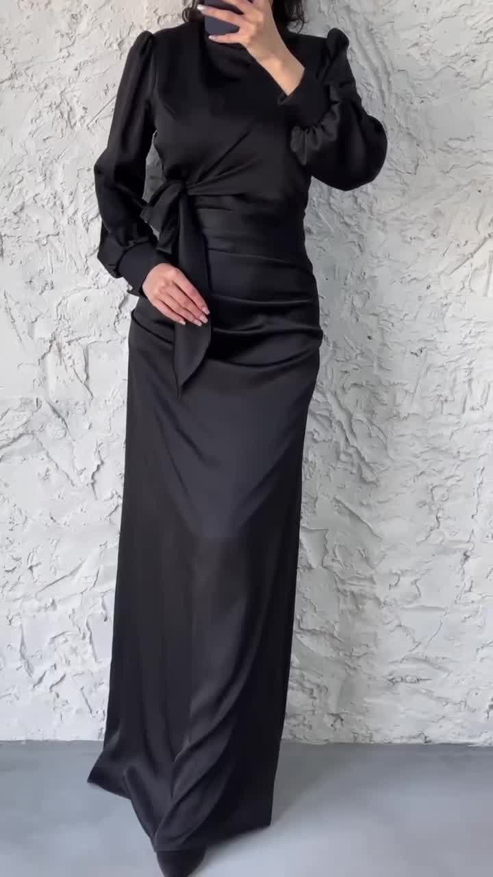 Dress Women Autumn Fashion Solid Color Satin Dress Women High Neck Long Sleeve High Waist Tie Up Elegant Slim Maxi Dress - detail 2