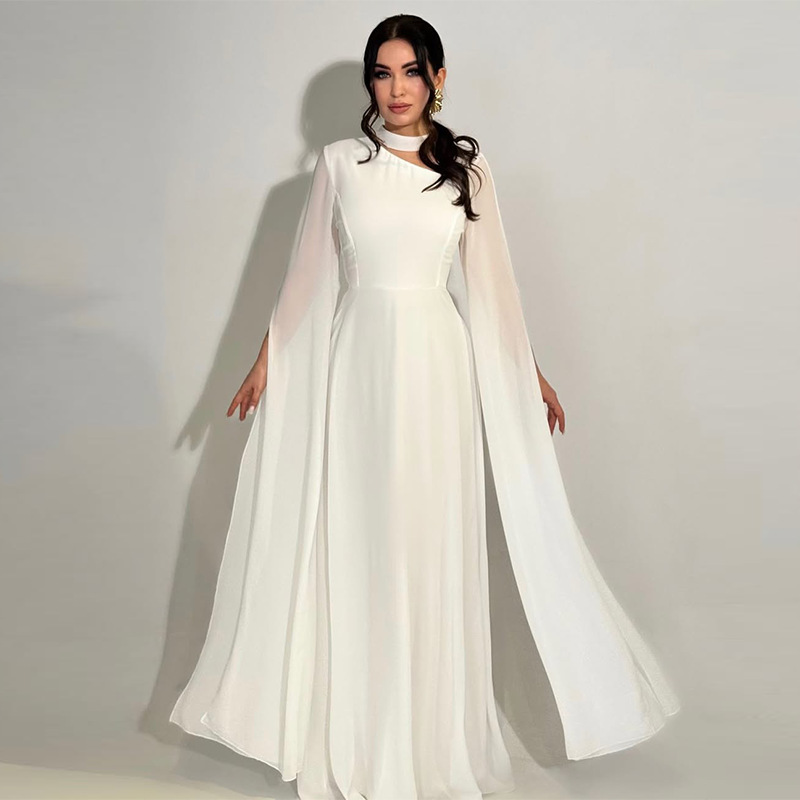 Spring Women's New Elegant Solid Color Waist Cinching Chiffon Big Batball Sleeve Dress Party Dinner Waist Cinching Dress - detail 8