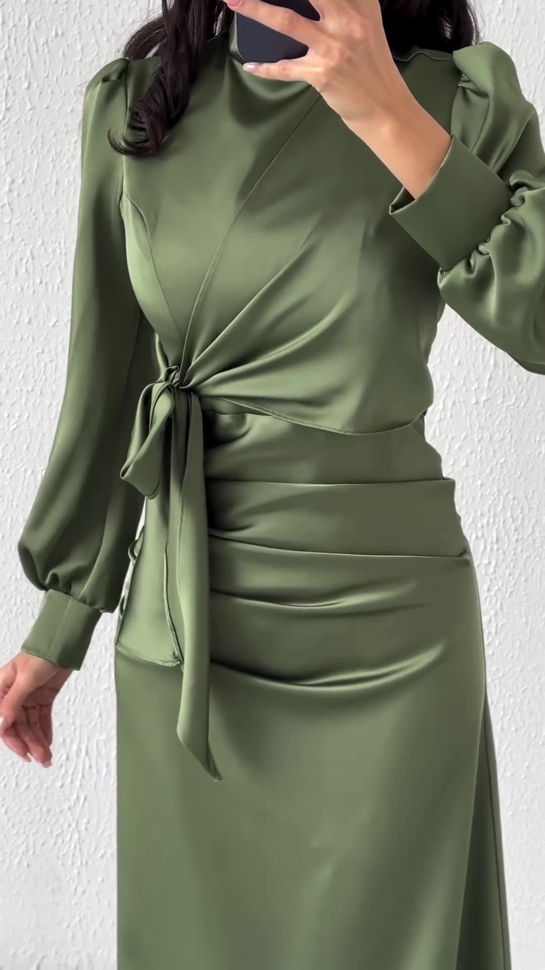 Dress Women Autumn Fashion Solid Color Satin Dress Women High Neck Long Sleeve High Waist Tie Up Elegant Slim Maxi Dress - detail 8