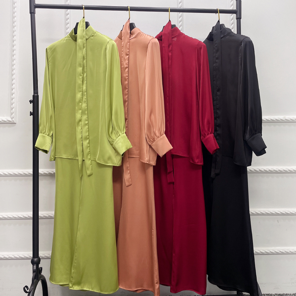 2 Piece Set Abayas Women Plain Satin Islamic Clothing Belted Tops+Long Pants Sets Muslim Dress Dubai Outfits - detail 3