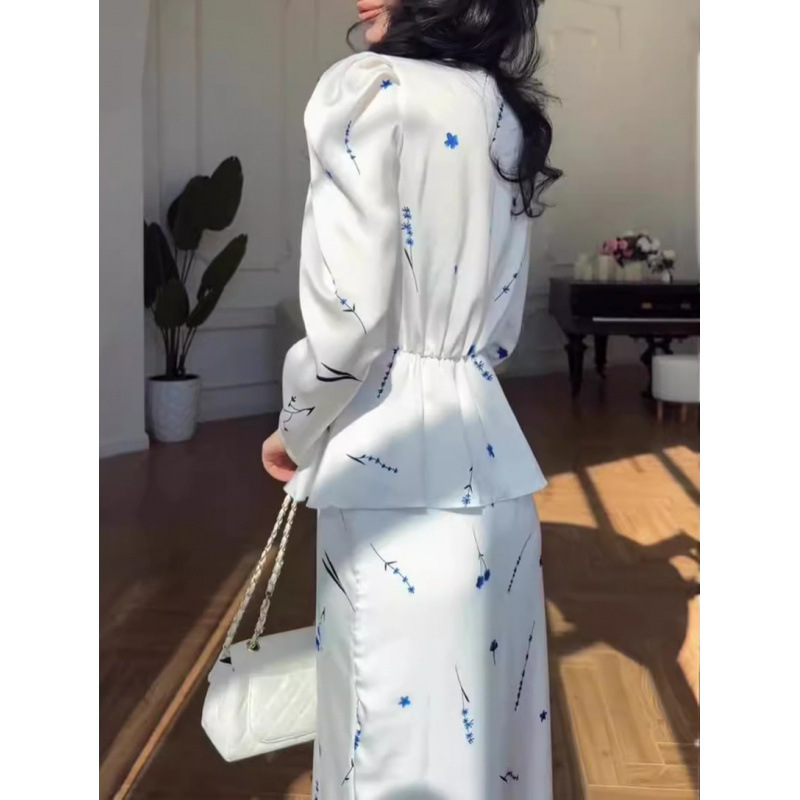 2 Piece Sets for Women Print Elegant Satin Long Sleeve Top & Long Skirt Suits New Style - detail 4