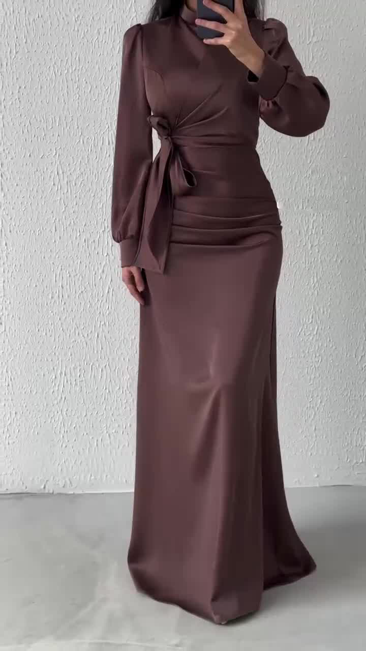 Dress Women Autumn Fashion Solid Color Satin Dress Women High Neck Long Sleeve High Waist Tie Up Elegant Slim Maxi Dress - detail 7