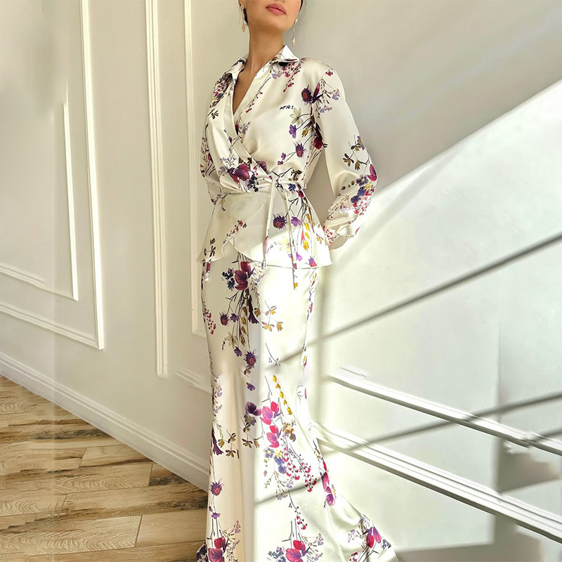 2 Piece Sets Elegant Muslimah Women V-neck Long Sleeved Top and Skirt Fashion Floral Print Slim Fit Suit Party Outfits - detail 2