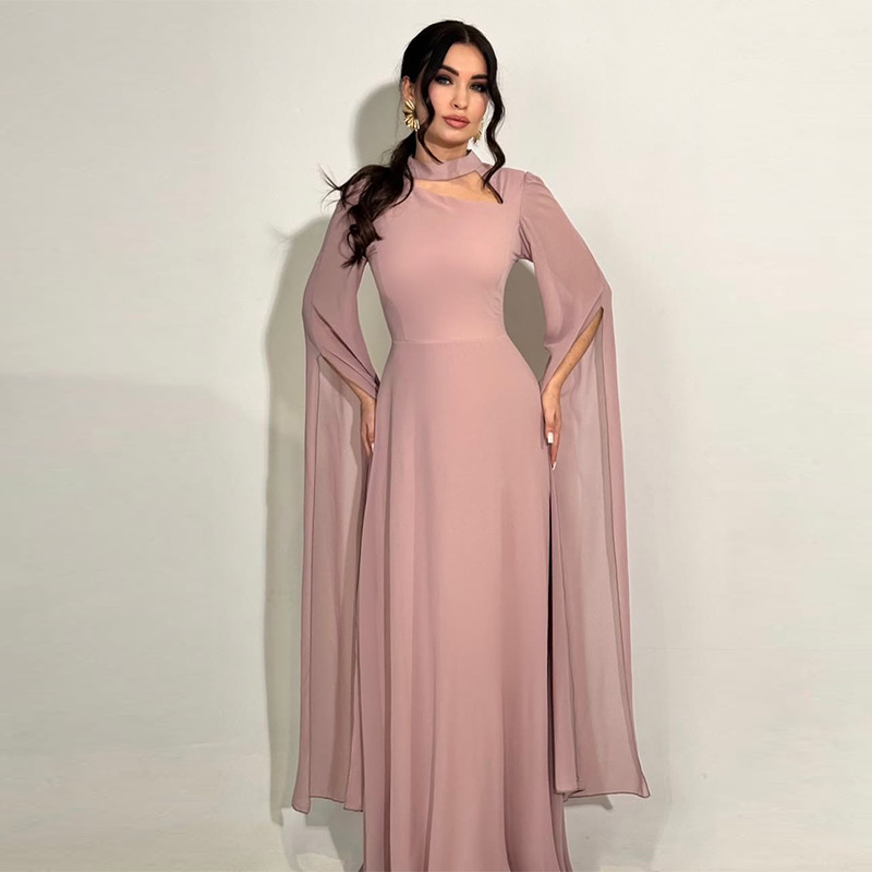 Spring Women's New Elegant Solid Color Waist Cinching Chiffon Big Batball Sleeve Dress Party Dinner Waist Cinching Dress - detail 5