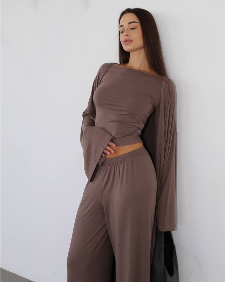 Casual Yellow Women 3 Pieces Suits V-neck Long Coat O-neck Slim Top Wide Leg Trousers Summer New Fashion - detail 2