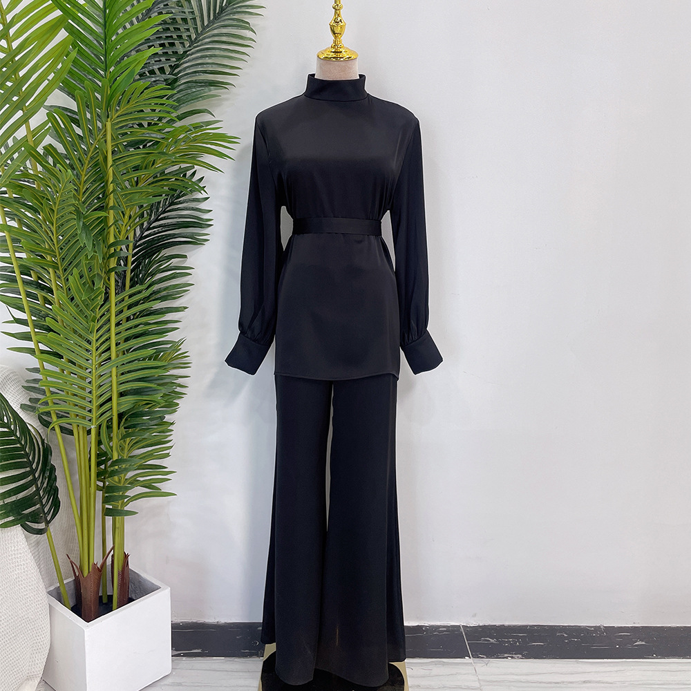 2 Piece Set Abayas Women Plain Satin Islamic Clothing Belted Tops+Long Pants Sets Muslim Dress Dubai Outfits - detail 1