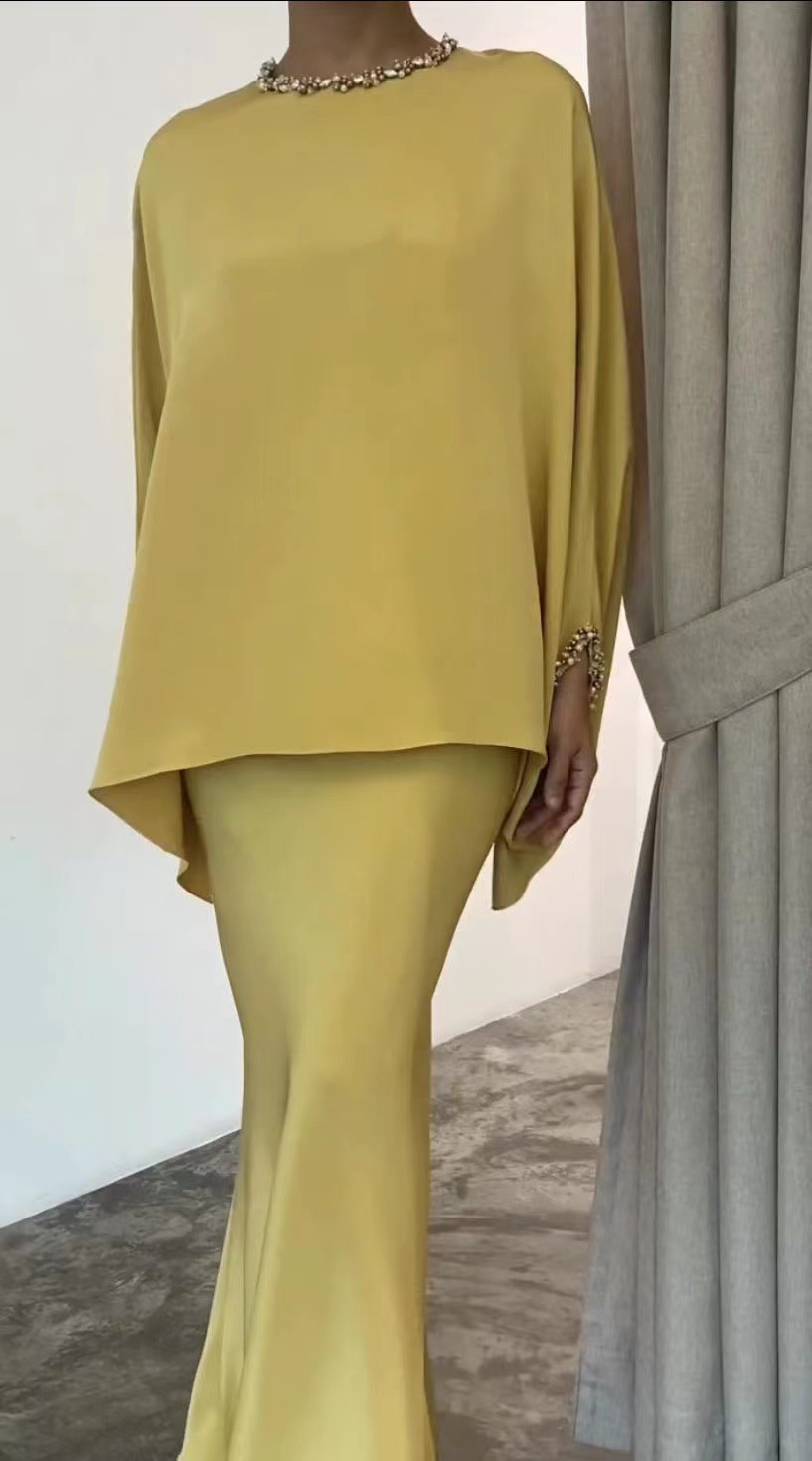 Elegant 2pcs Dress Women Muslim Abaya 2 Piece Sets Bat Sleeve Skirts Suits Pearl Dresses Vestido Eid Hijab Islam Clothin - detail 9