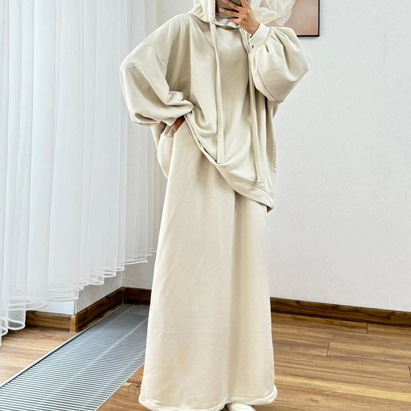 Arab Women's Set Two Pieces Suit Long Sleeve Hooded Tops Loose High Waist Skirt with Pocket Dubai Casual Clothing - detail 5