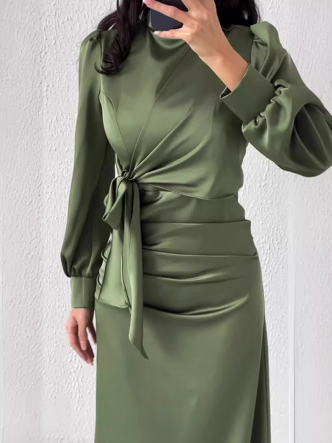 Dress Women Autumn Fashion Solid Color Satin Dress Women High Neck Long Sleeve High Waist Tie Up Elegant Slim Maxi Dress - detail 11