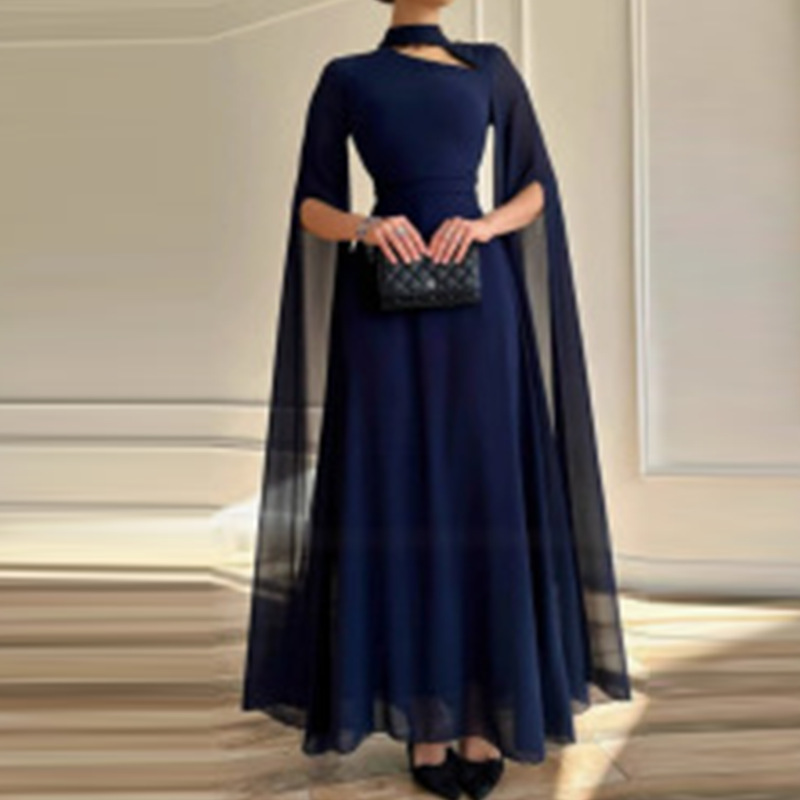 Spring Women's New Elegant Solid Color Waist Cinching Chiffon Big Batball Sleeve Dress Party Dinner Waist Cinching Dress - detail 4
