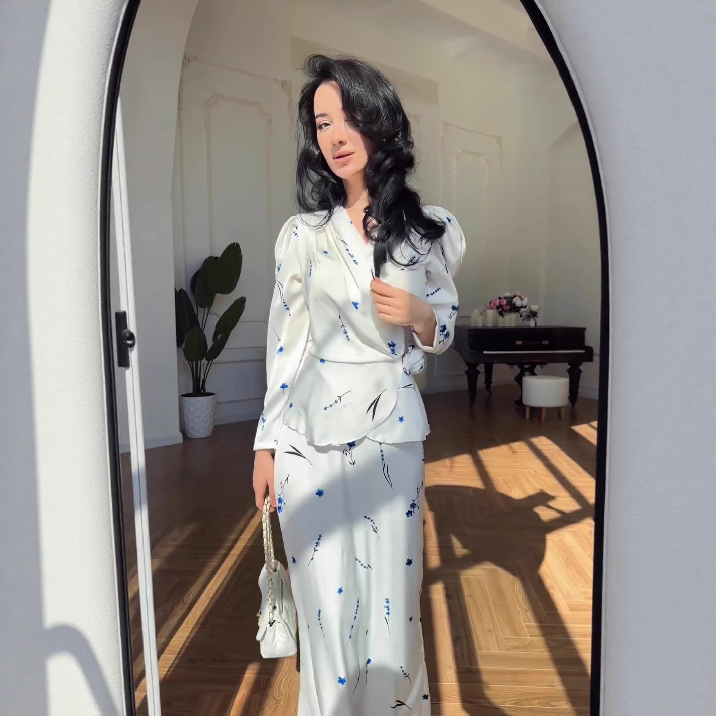 2 Piece Sets for Women Print Elegant Satin Long Sleeve Top & Long Skirt Suits New Style - detail 2