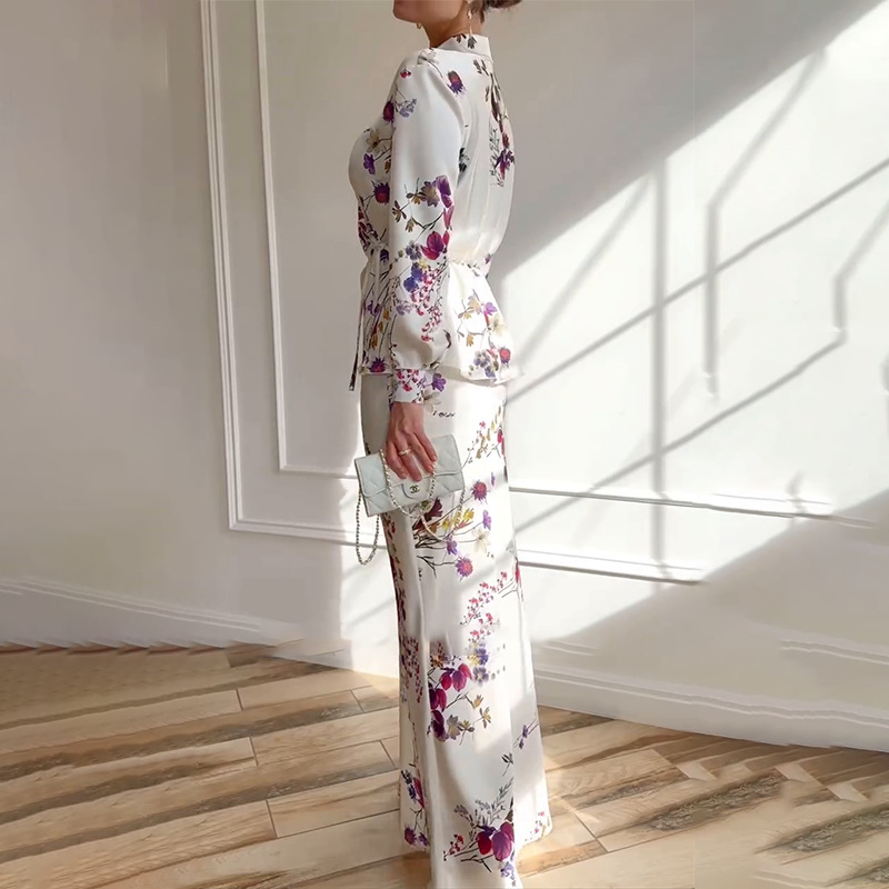 2 Piece Sets Elegant Muslimah Women V-neck Long Sleeved Top and Skirt Fashion Floral Print Slim Fit Suit Party Outfits - detail 11