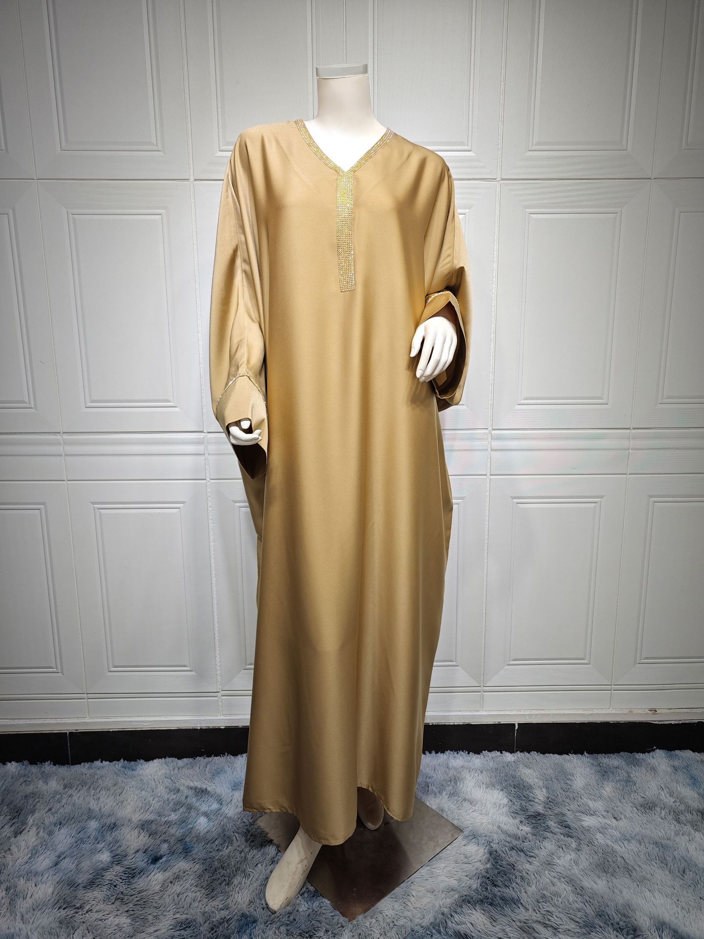 Muslim Long Dress Women Bat Sleeve Caftan Abaya Satin Robe Diamond Party Abayas Ramadan V Neck Kaftan Caftan Jalabiya - detail 1