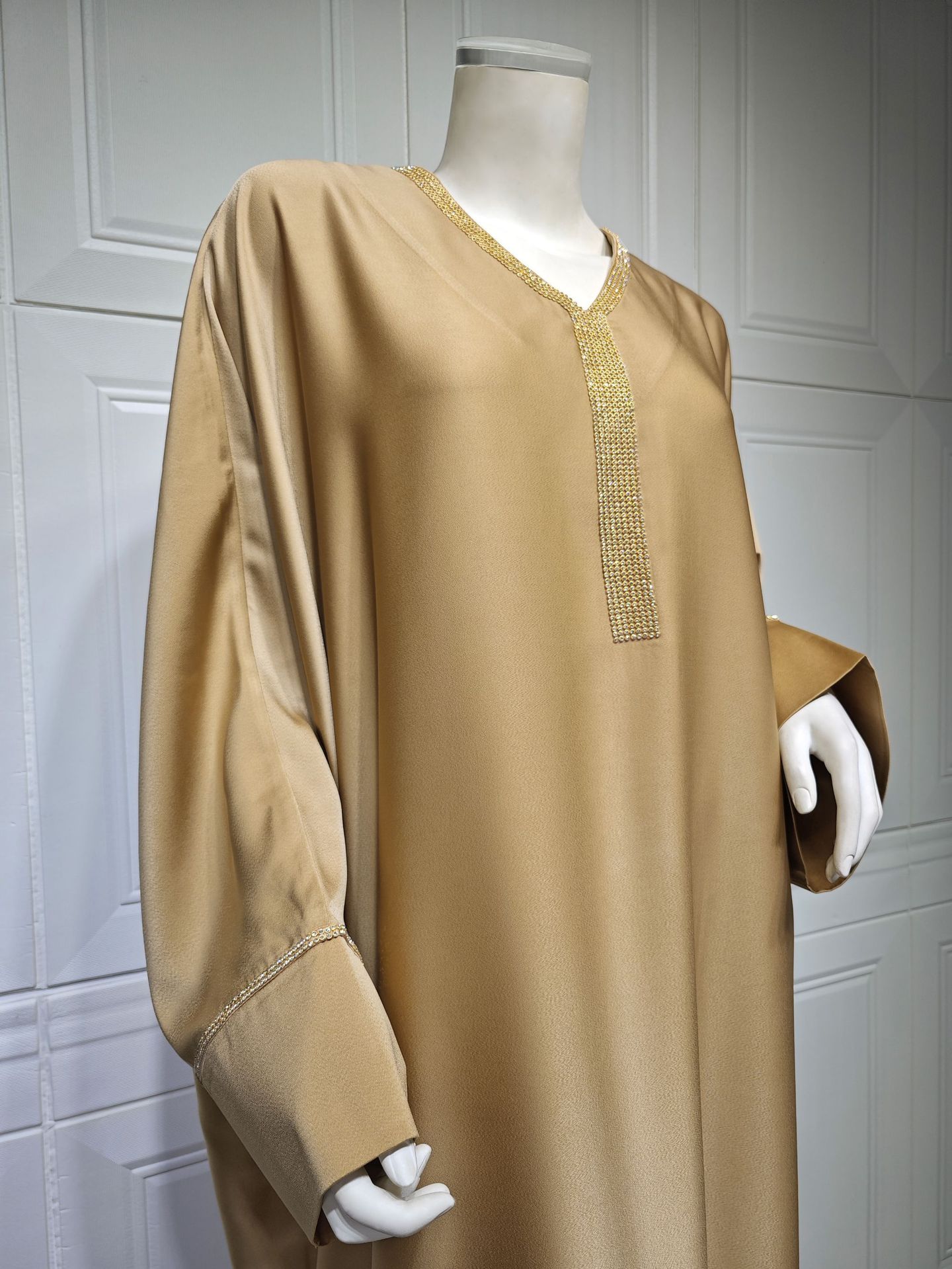 Muslim Long Dress Women Bat Sleeve Caftan Abaya Satin Robe Diamond Party Abayas Ramadan V Neck Kaftan Caftan Jalabiya - detail 4