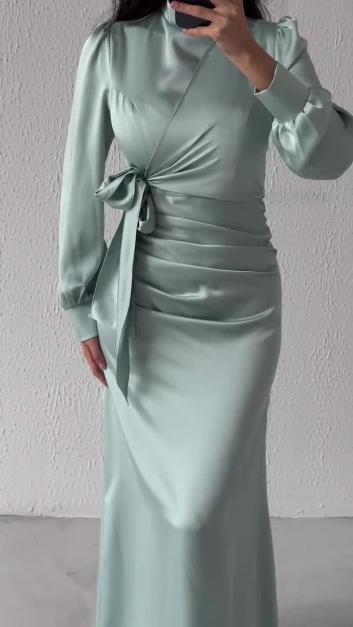 Dress Women Autumn Fashion Solid Color Satin Dress Women High Neck Long Sleeve High Waist Tie Up Elegant Slim Maxi Dress - detail 5