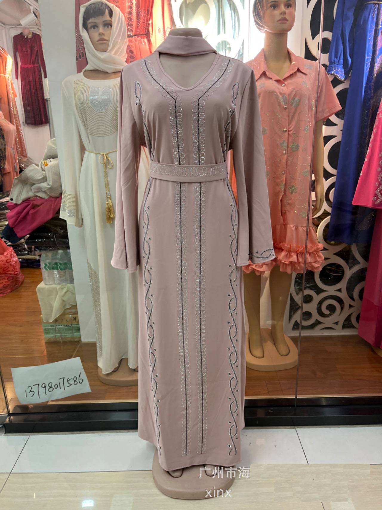 Dubai Muslim robe dress large size satin fashion hot diamond summer round neck pullover long skirt - detail 1