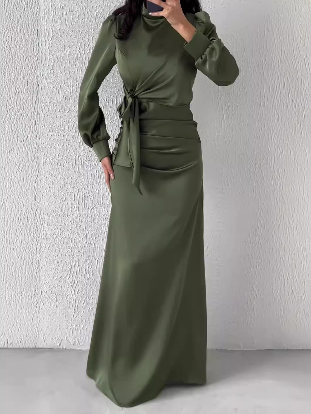 Dress Women Autumn Fashion Solid Color Satin Dress Women High Neck Long Sleeve High Waist Tie Up Elegant Slim Maxi Dress - detail 12