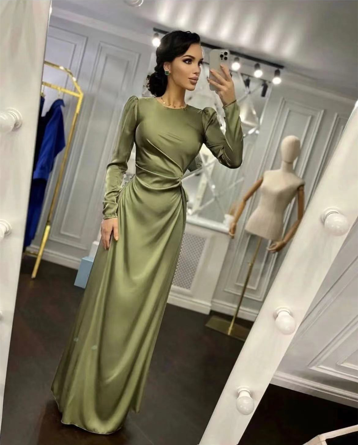 Women Sexy High Slit Satin Party Dress Office Fashion Boadycon Long Dresses Elegant O Neck Long Sleeve Solid Maxi Dress - detail 2