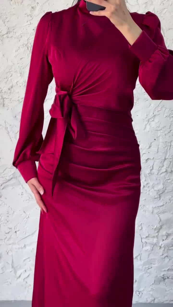 Dress Women Autumn Fashion Solid Color Satin Dress Women High Neck Long Sleeve High Waist Tie Up Elegant Slim Maxi Dress - detail 4