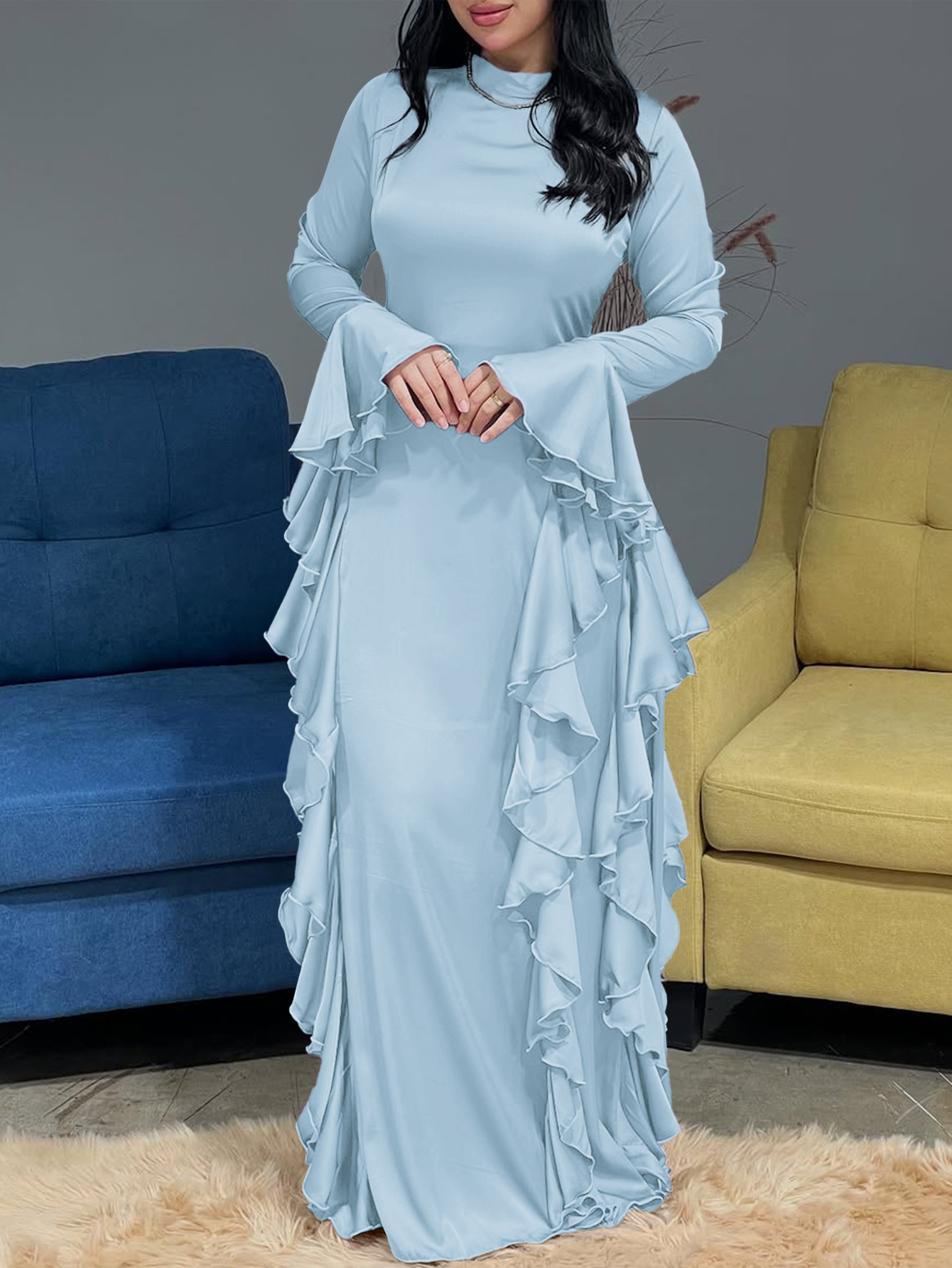 Elegant Midi Women's Dress Elegant Casual High Waisted Solid Color Design Flared Sleeves Dress - detail 2