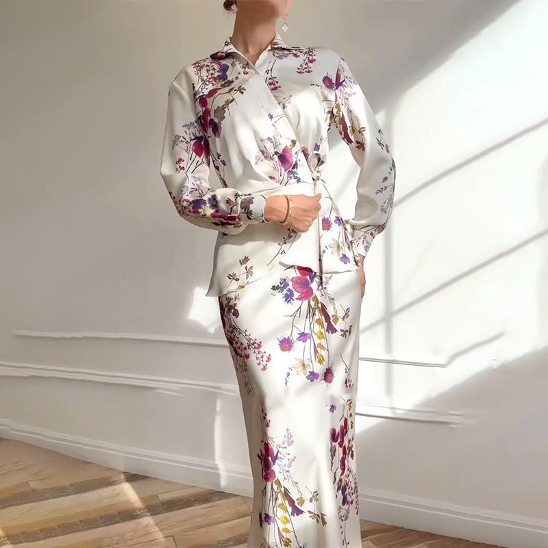 2 Piece Sets Elegant Muslimah Women V-neck Long Sleeved Top and Skirt Fashion Floral Print Slim Fit Suit Party Outfits - detail 12