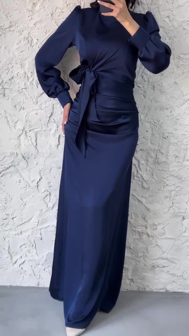 Dress Women Autumn Fashion Solid Color Satin Dress Women High Neck Long Sleeve High Waist Tie Up Elegant Slim Maxi Dress - detail 3