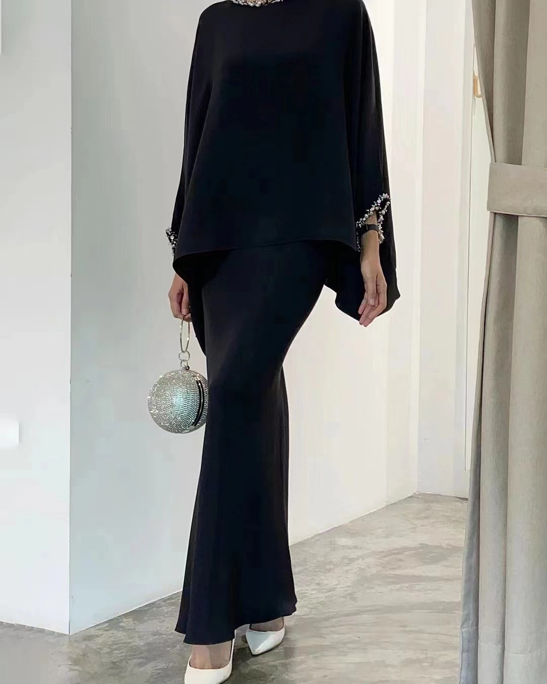Elegant 2pcs Dress Women Muslim Abaya 2 Piece Sets Bat Sleeve Skirts Suits Pearl Dresses Vestido Eid Hijab Islam Clothin - detail 1