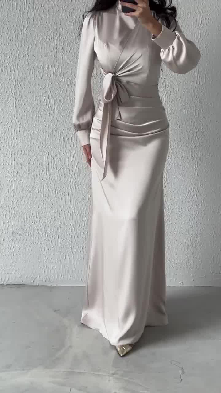 Dress Women Autumn Fashion Solid Color Satin Dress Women High Neck Long Sleeve High Waist Tie Up Elegant Slim Maxi Dress - detail 1