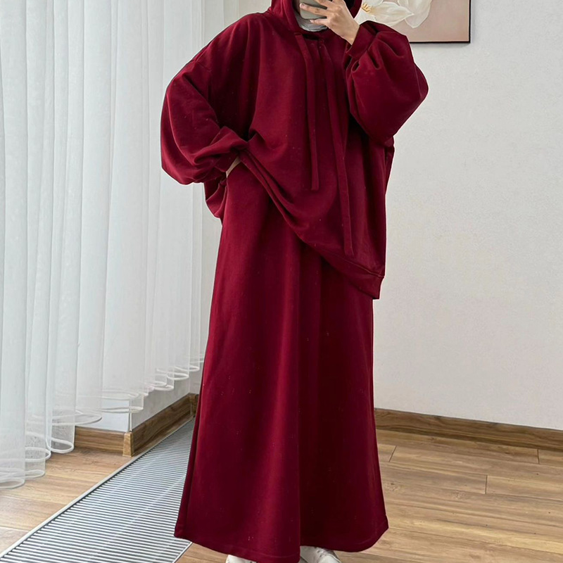 Arab Women's Set Two Pieces Suit Long Sleeve Hooded Tops Loose High Waist Skirt with Pocket Dubai Casual Clothing - detail 8